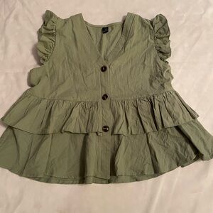 SHEIN Ruffled‎ V-Neck Green Top with Buttons, Size Large